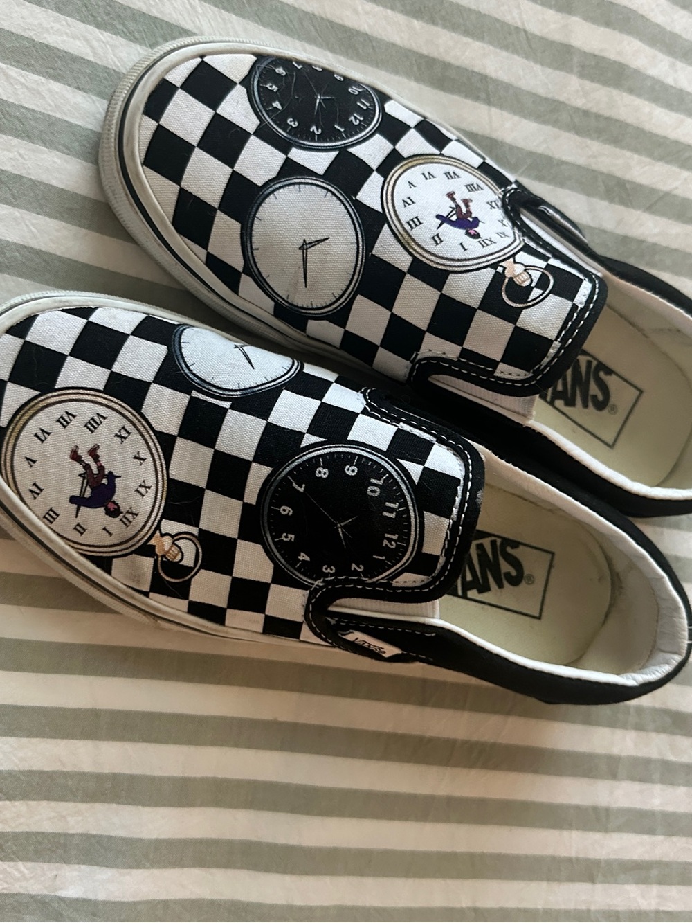 Vans Black & White Checkerboard Slip-On Sneakers with Clock Print